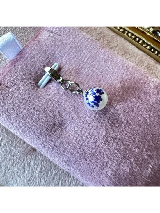 White Glass Pearl Charm With Blue Floral Print & Stainless Steel Lobster Clasp - Picture 2 of 10
